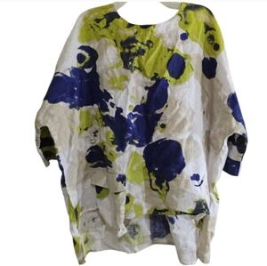 IC By Connie K 100% Linen Lagenlook Blouse Abstract Print Tie Dye Back Bow XXL
